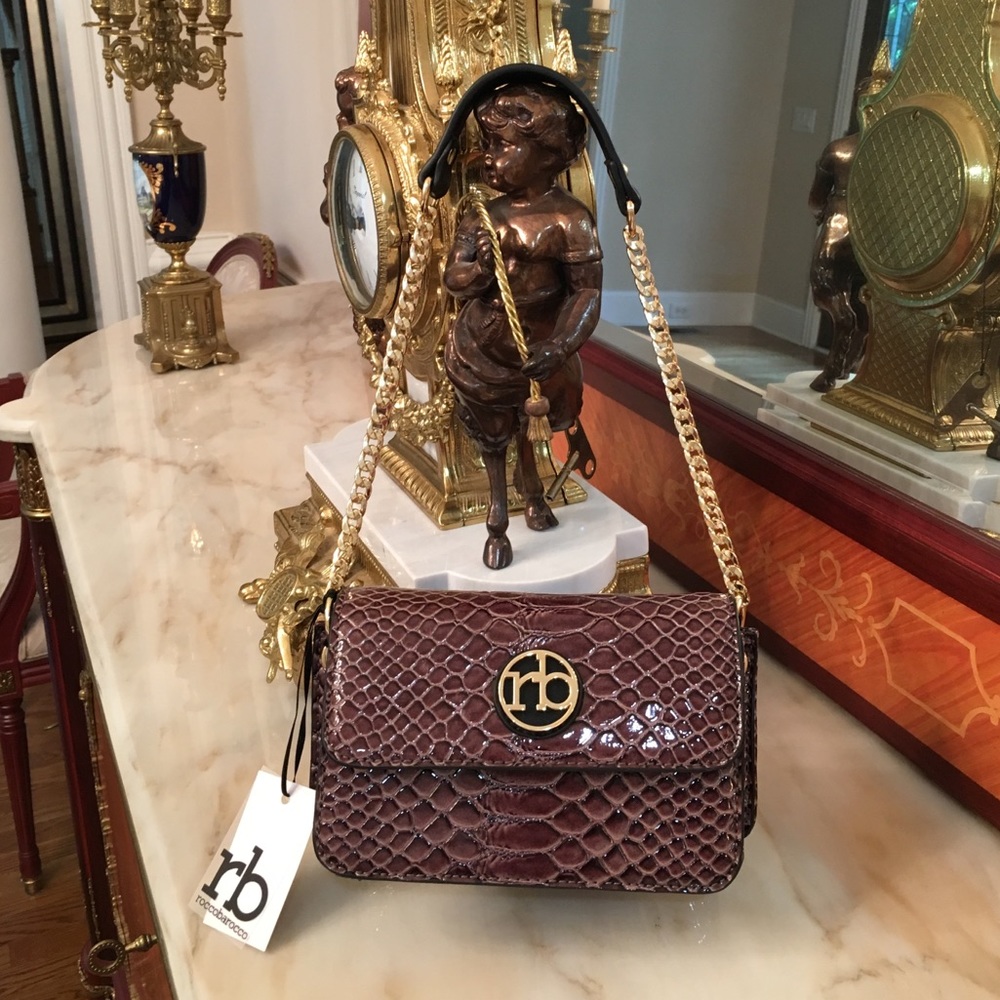 Roccobarocco Gold Chain Lizard Vegan Leather Shoulder Bag